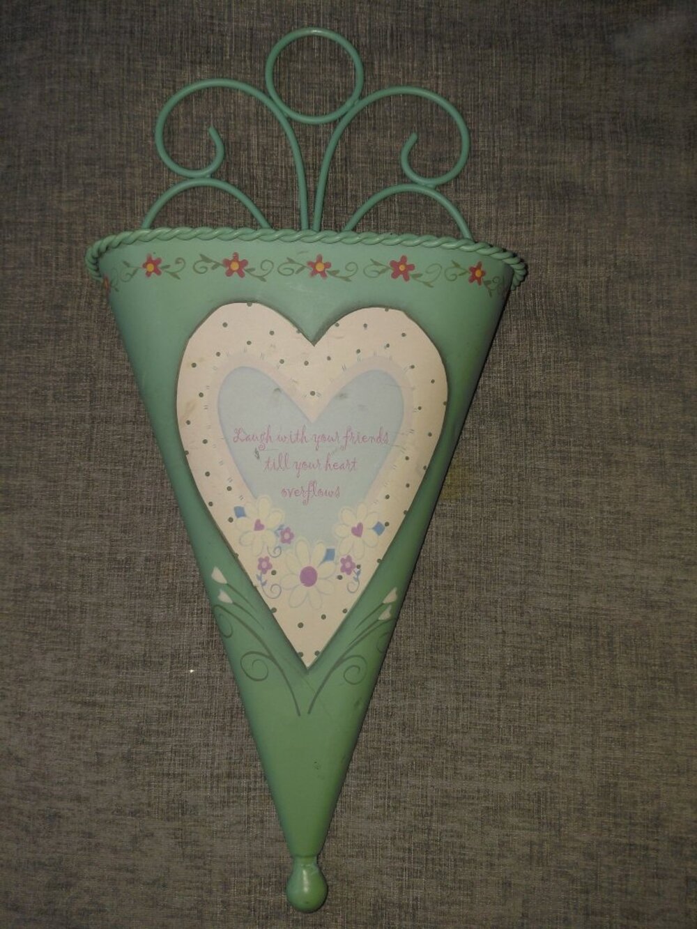 Vintage HOMCO Green Metal Cone Wall Pocket Heart Laugh With Friends